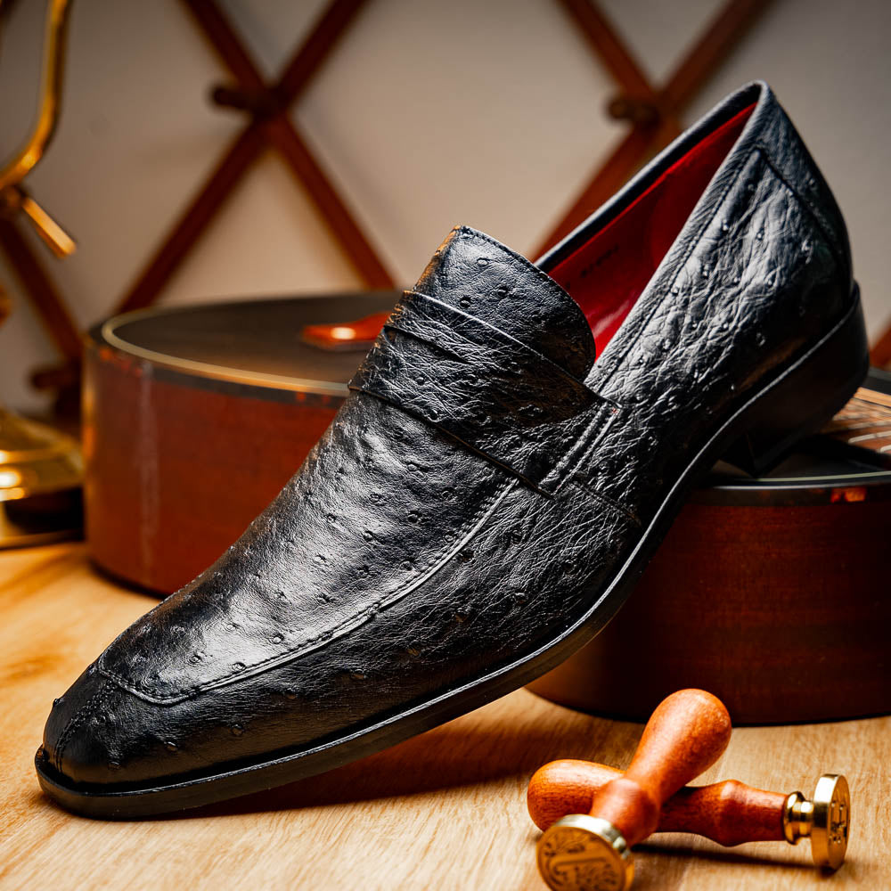 Salvatore Black genuine ostrich skin loafers shoes men's luxury