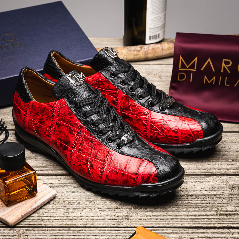 Saulo men's sneakers genuine alligator and ostrich BlackCherry Milano red