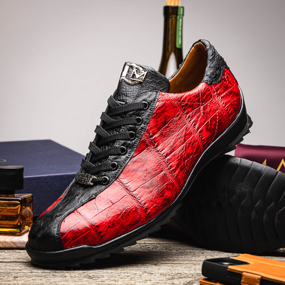 Saulo men's sneakers genuine alligator and ostrich BlackCherry Milano red