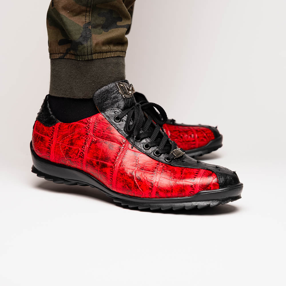Saulo men's sneakers genuine alligator and ostrich BlackCherry Milano red