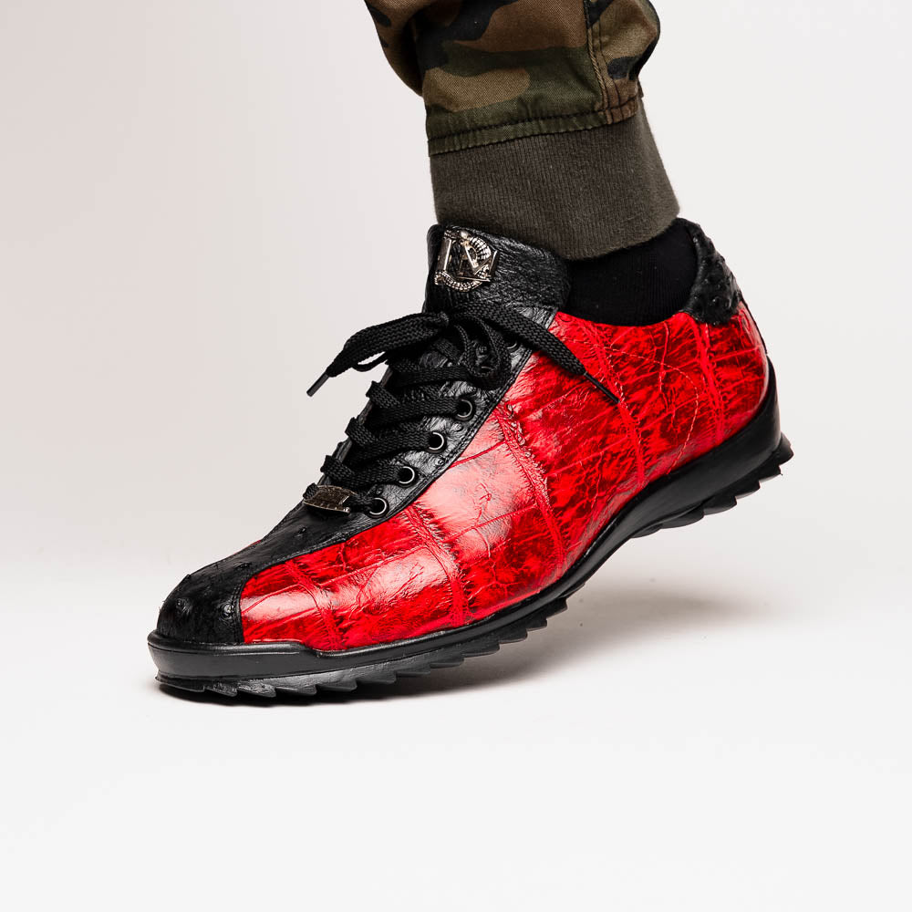 Saulo men's sneakers genuine alligator and ostrich BlackCherry Milano red