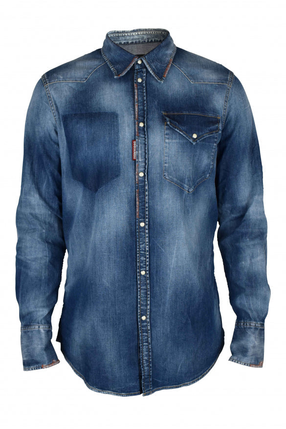 Dsquared2 Men's Shirt western distressed blue jean snap closure denim