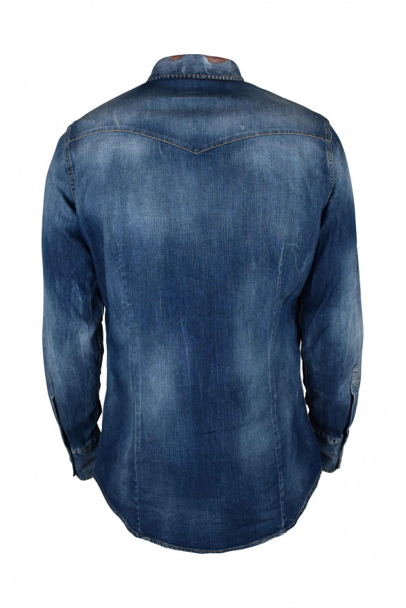 Dsquared2 Men's Shirt western distressed blue jean snap closure denim