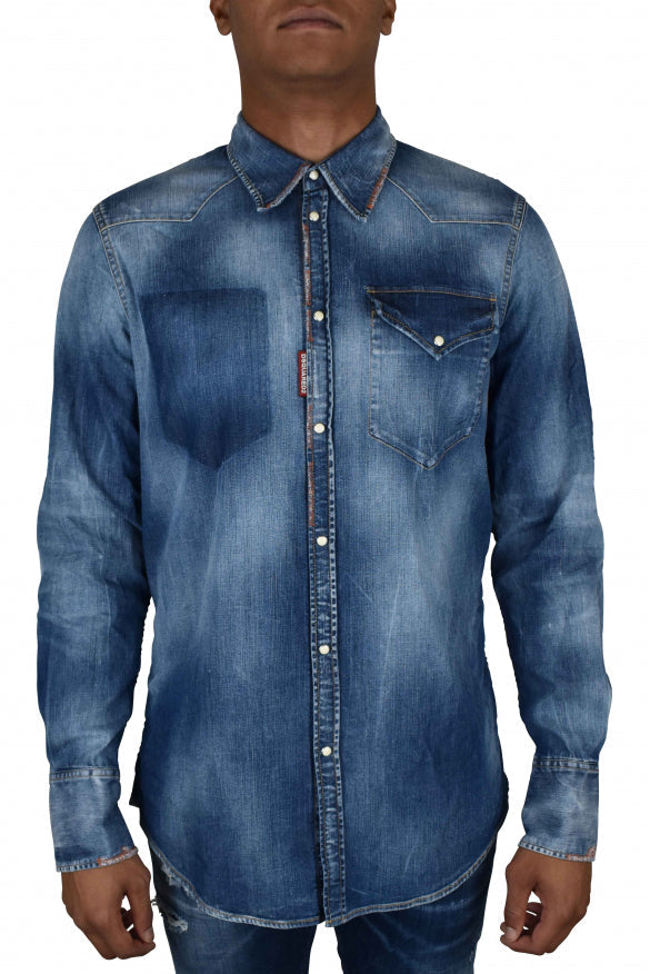 Dsquared2 Men's Shirt western distressed blue jean snap closure denim