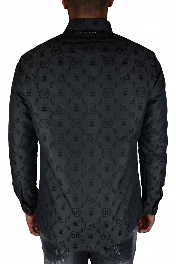 Philipp Plein Men's LS Monogram Shirt black monogram logo emboss
