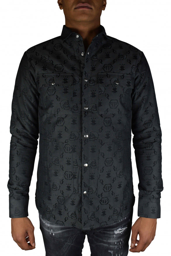 Philipp Plein Men's LS Monogram Shirt black monogram logo emboss