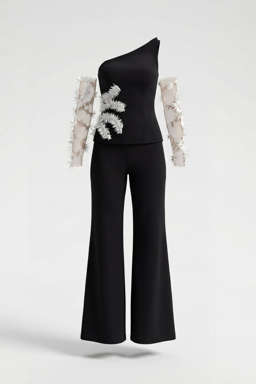 Sophie Two Piece Jumpsuit Black one-shoulder detatchable white sleeves dressy cocktail pants suit Med