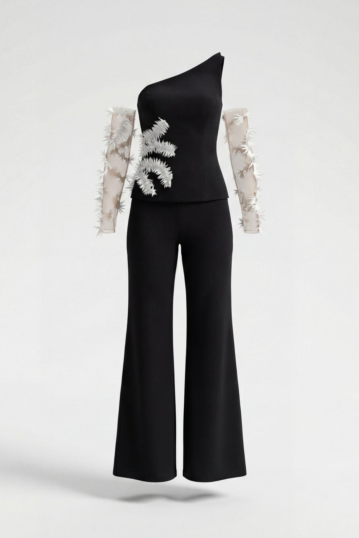 Sophie Two Piece Jumpsuit Black one-shoulder detatchable white sleeves dressy cocktail pants suit Med