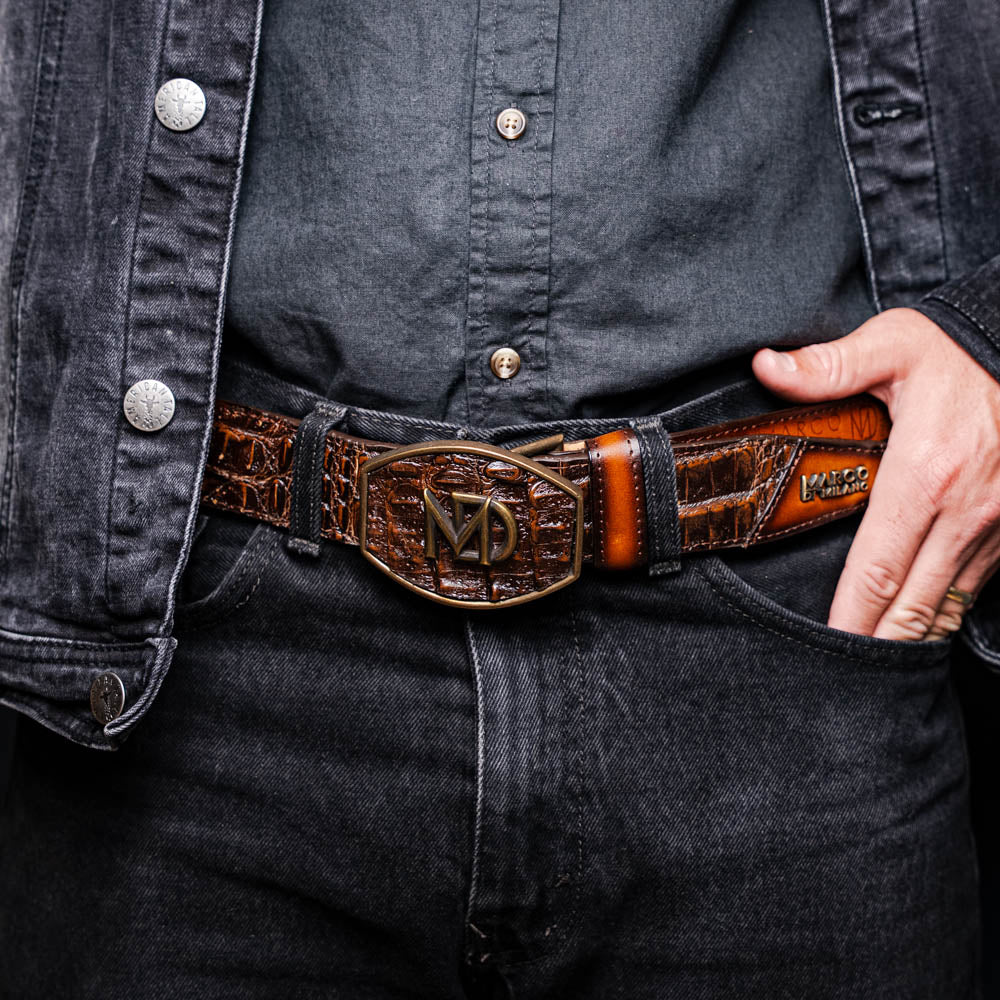 Marco di Milano Caiman Crocodile Texas Belt Aged Brown