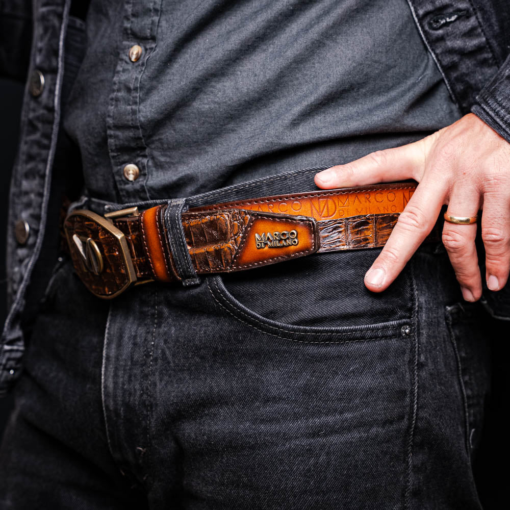 Marco di Milano Caiman Crocodile Texas Belt Aged Brown