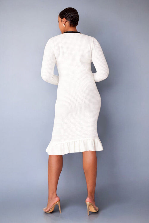 Textured Knit Dress 51000 black white ruffled hem career church