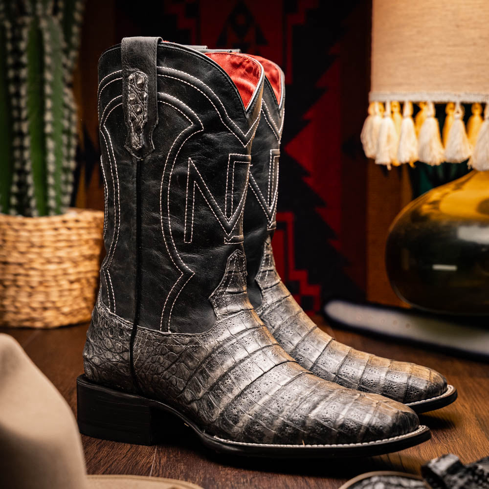 Tucson Stone Gray Genuine Caiman Belly Skin men's cowboy boots