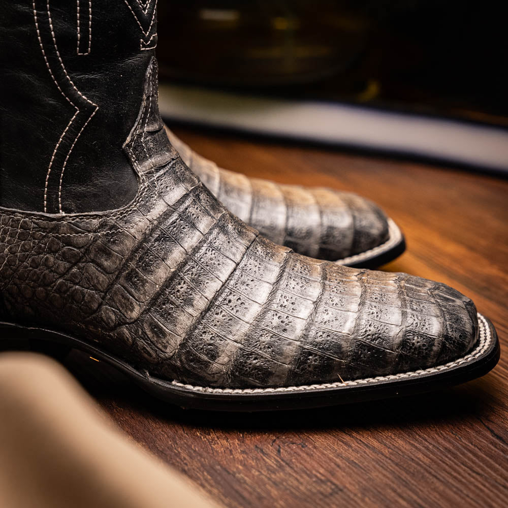 Tucson Stone Gray Genuine Caiman Belly Skin men's cowboy boots
