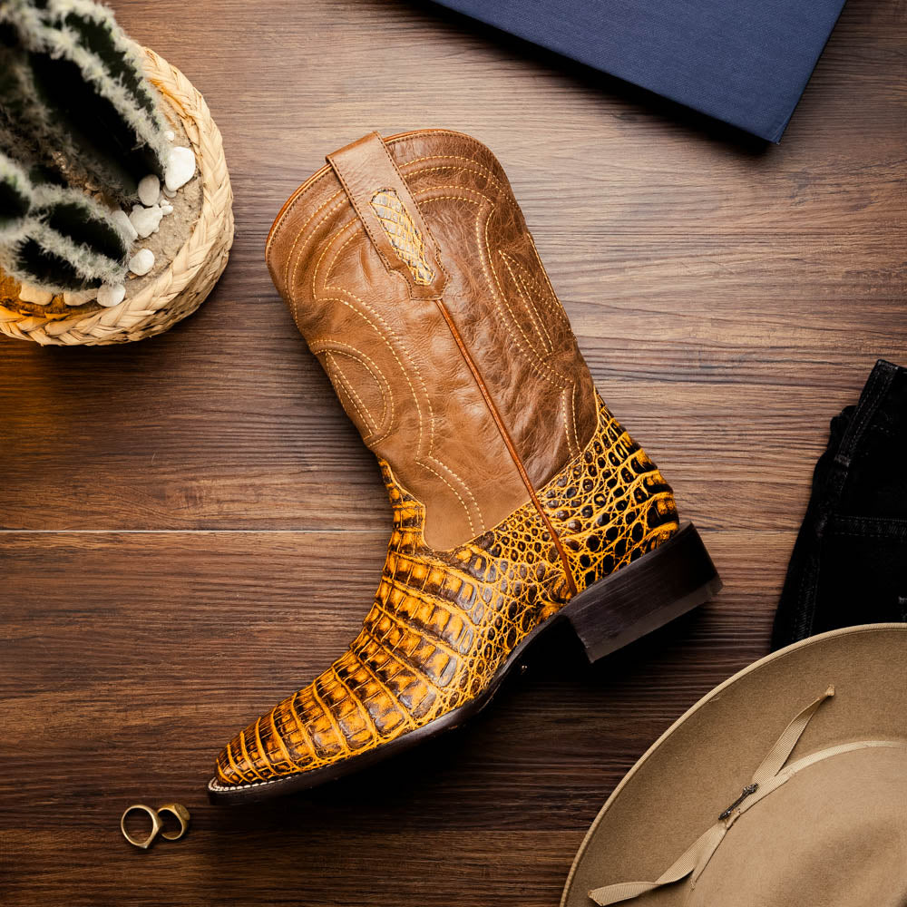 Tucson Mustard Brown boots men's Milano Genuine Caiman Belly skin