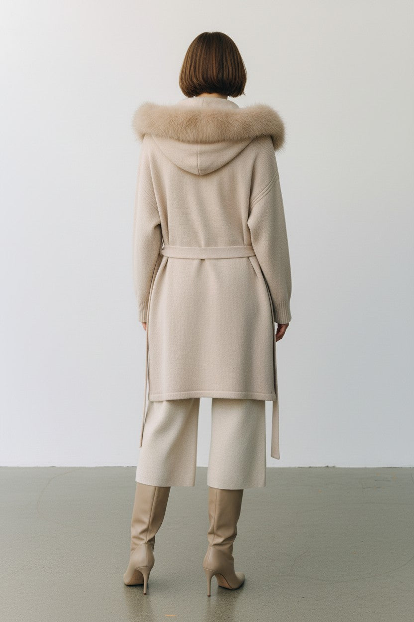 Cashmere Wrap Cardigan with Fox Fur Long Sweater Jacket Coat