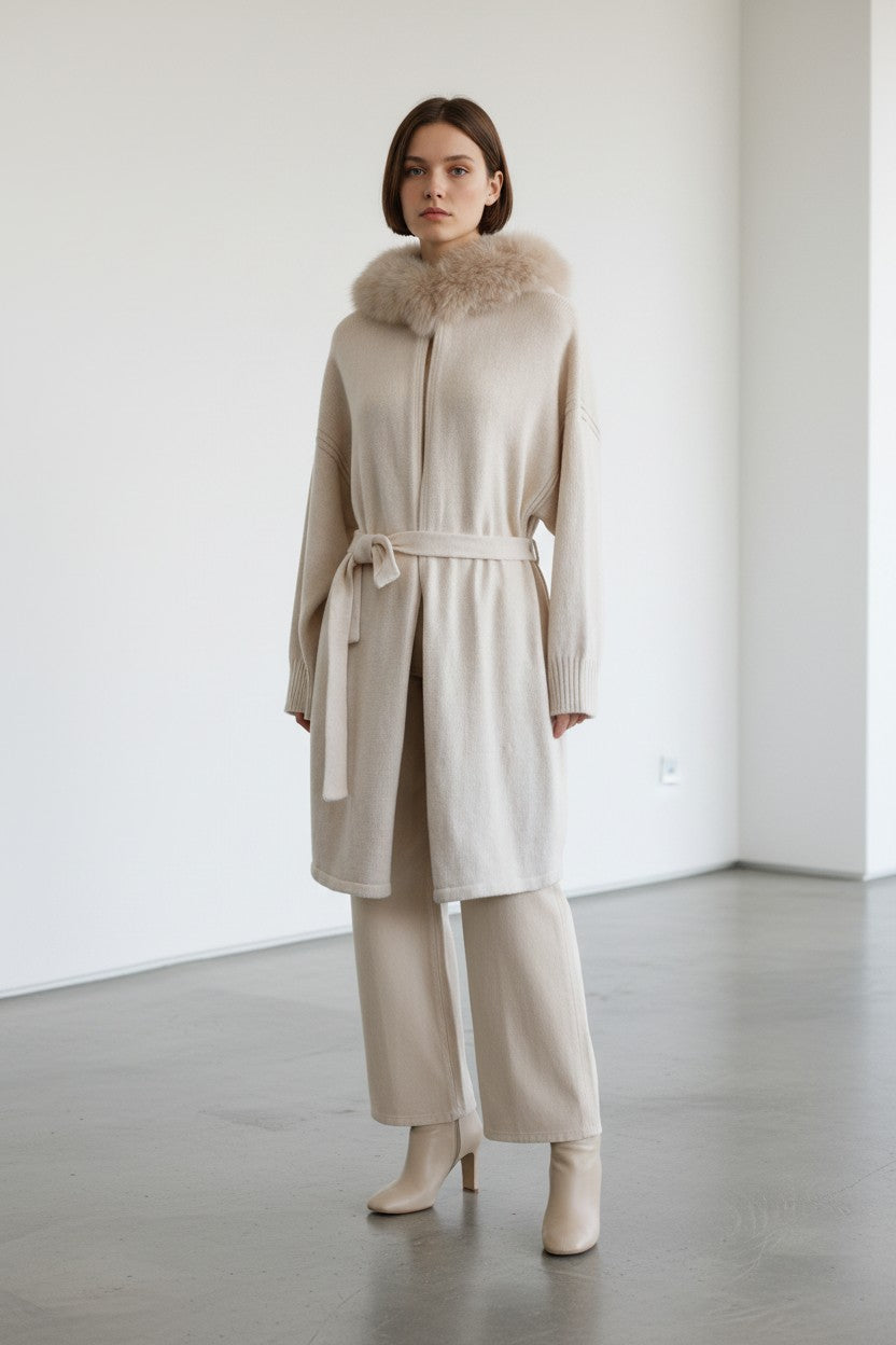 Cashmere Wrap Cardigan with Fox Fur Long Sweater Jacket Coat