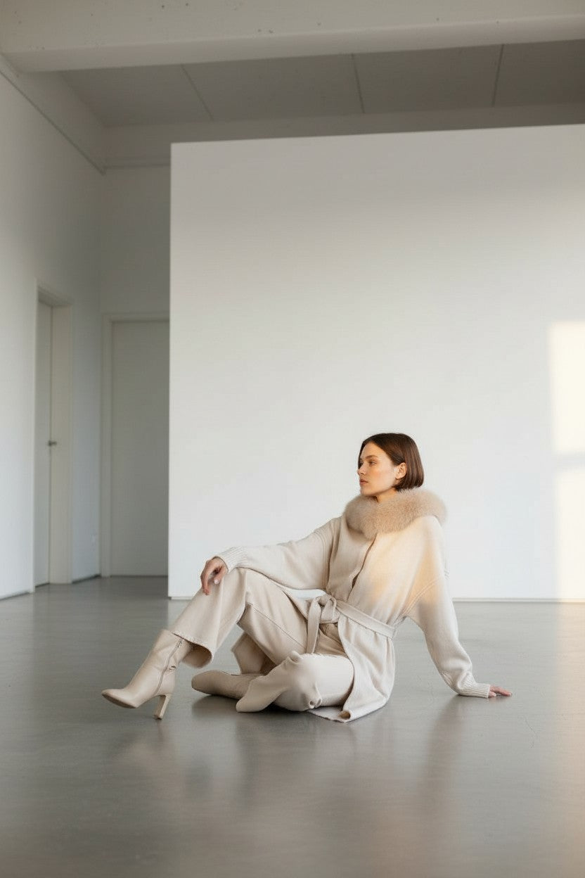 Cashmere Wrap Cardigan with Fox Fur Long Sweater Jacket Coat