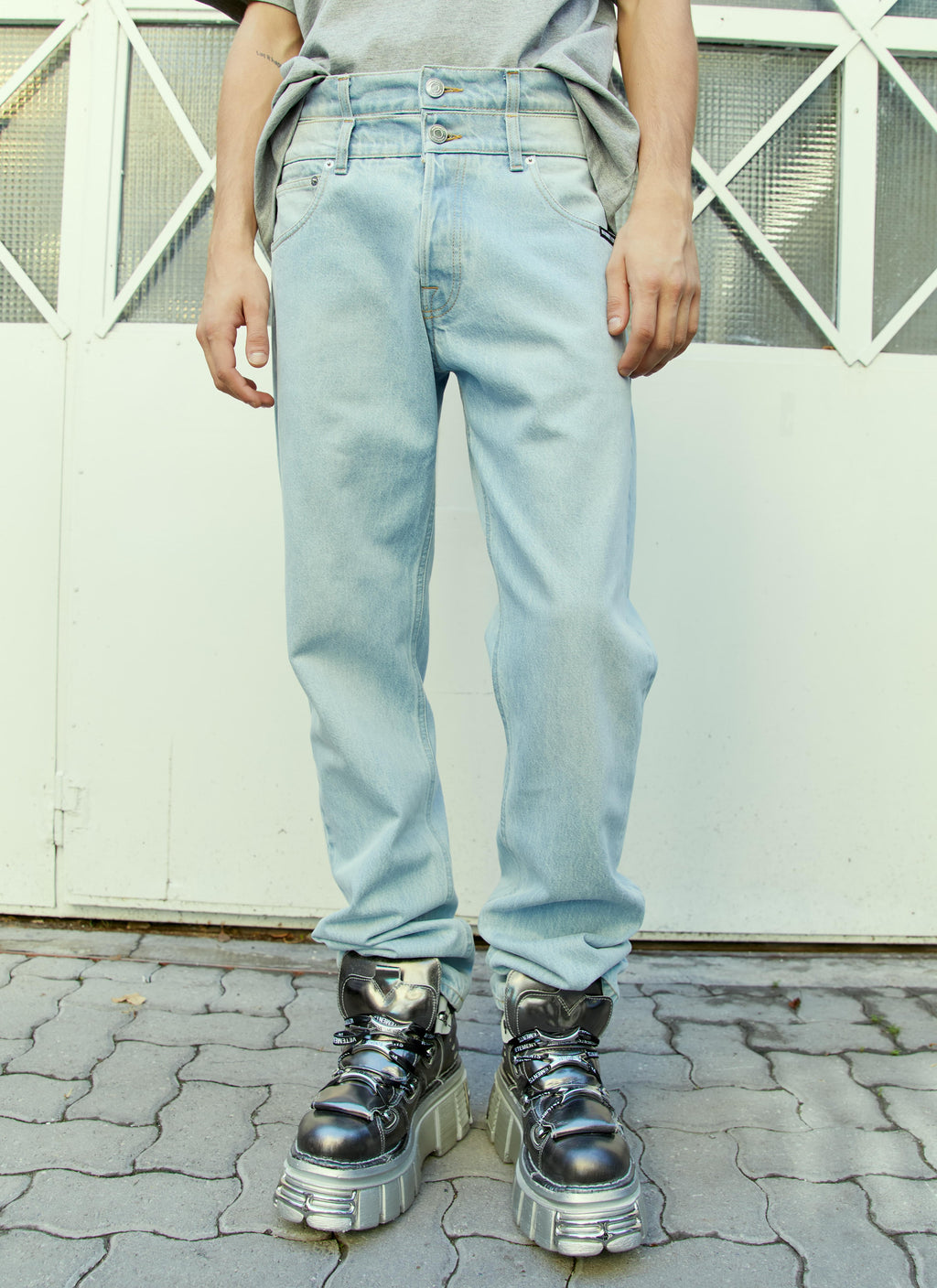 Vtmnts Men's Double Waist Denim Blue Jeans pants button fly light