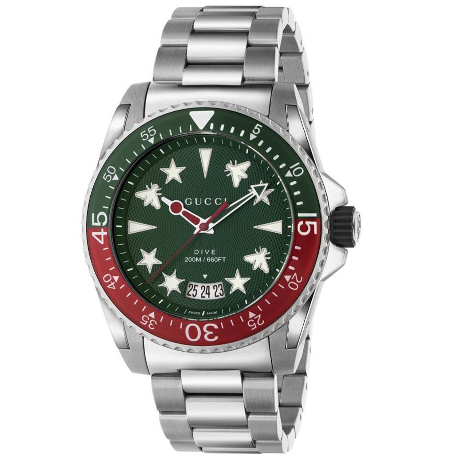 Gucci Men's Dive Watch Luxury Designer Silver Green