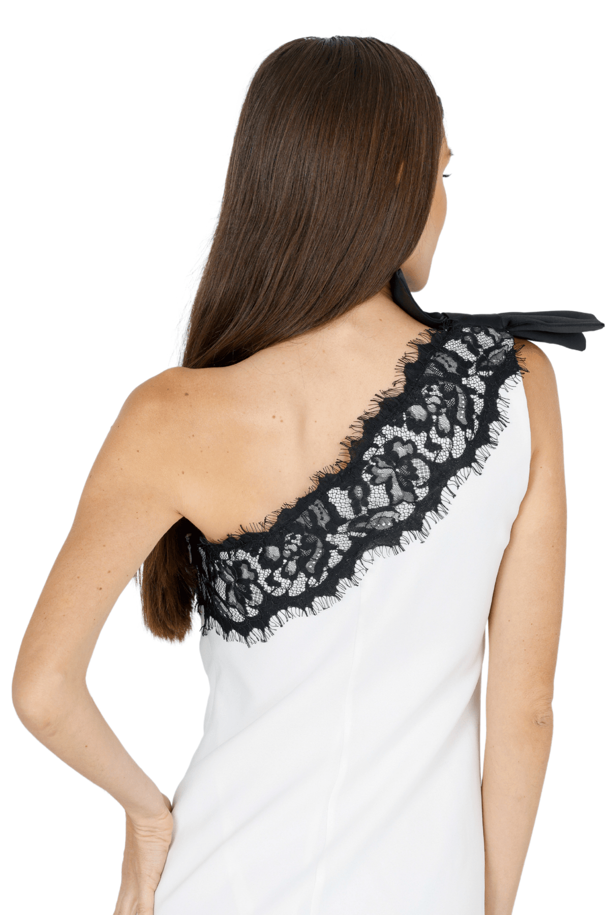 Zeena One Shoulder Lace Mini Dress white with black shower bridal church cocktail party