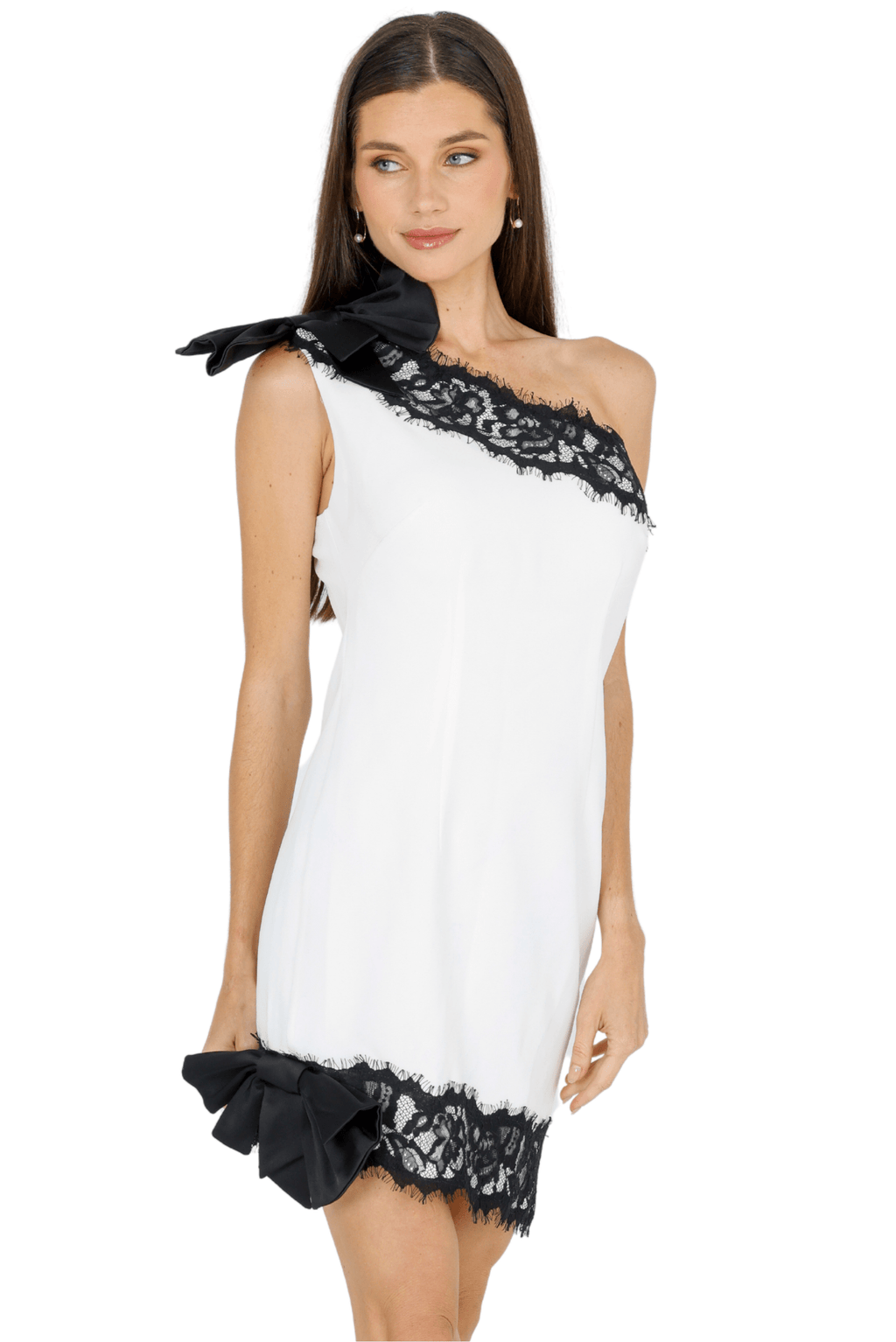 Zeena One Shoulder Lace Mini Dress white with black shower bridal church cocktail party