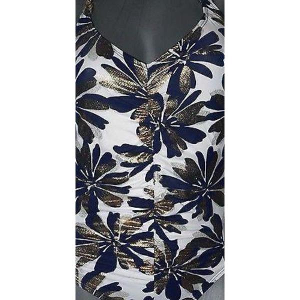 BADGLEY MISCHKA 4 S ruched slimming swimsuit crystals $290 metallic-Swimwear-BADGLEY MISCHKA-4-Blue/white/gold-Jenifers Designer Closet