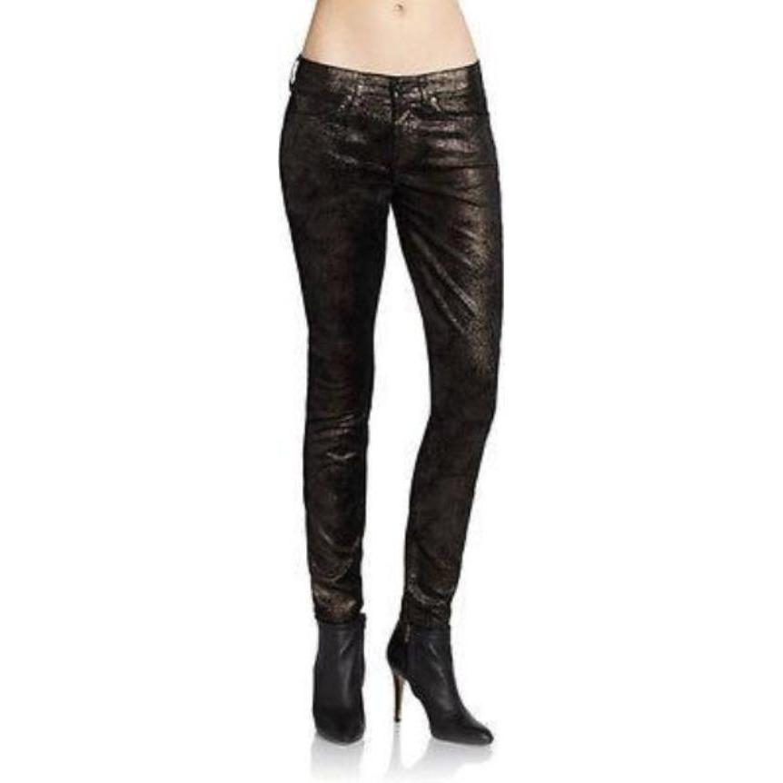 SEVEN 7 for All Mankind 24 Black shimmer Skinny Jeans Pants copper foil-Jeans-7 For All Mankind-24-Black/copper shimmer-Jenifers Designer Closet