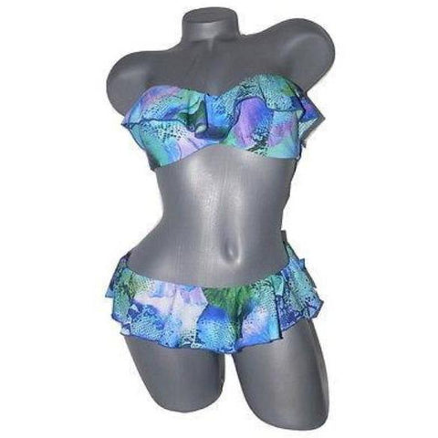 KENNETH COLE M 34 B/C strapless bandeau flounce ruffle bikini swimsuit 2pc-Swimwear-Kenneth Cole-M/34-Blue/Green-Jenifers Designer Closet