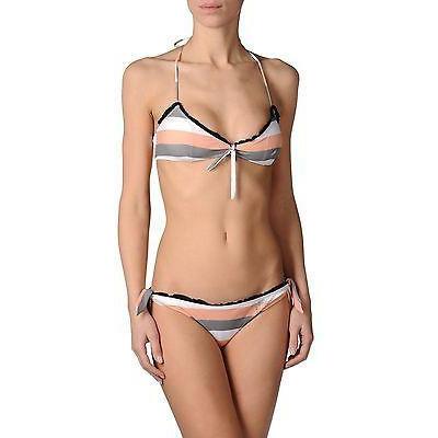 DOLORES PROMESAS bikini swimsuit L striped halter black lace trim-Swimwear-Dolores Promesas-Large-peach-Jenifers Designer Closet