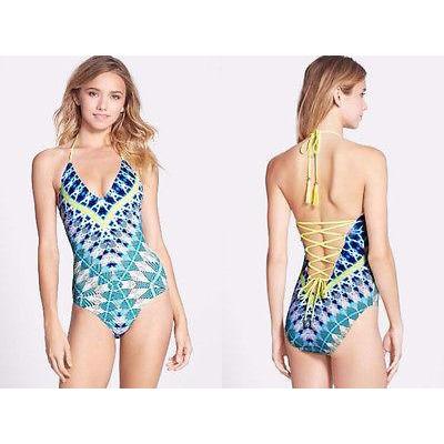 RED CARTER South Beach XS 4 designer 1PC maillot swimsuit lace-up back lime-Clothes, Shoes & Accessories:Women's Clothing:Swimwear-RED CARTER-XS-Multi-Jenifers Designer Closet