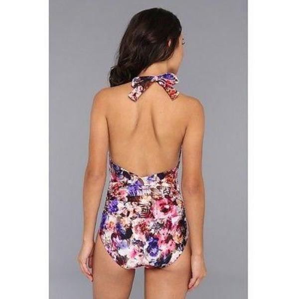 BADGLEY MISCHKA swimsuit halter ruched draped floral shirred halter-Swimwear-Badgley Mischka-Jenifers Designer Closet