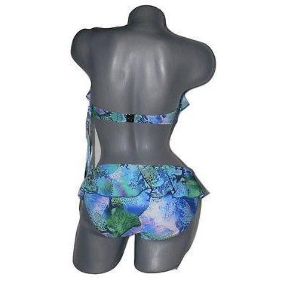 KENNETH COLE M 34 B/C strapless bandeau flounce ruffle bikini swimsuit 2pc-Swimwear-Kenneth Cole-M/34-Blue/Green-Jenifers Designer Closet