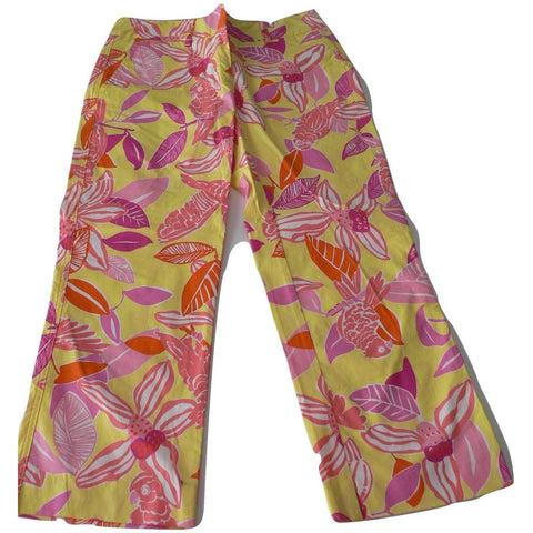 LILLY PULITZER 0 XS XXS cropped capri pants Liza Pacific yellow orange pink-Pants-Lilly Pulitzer-0-Yellow-Jenifers Designer Closet