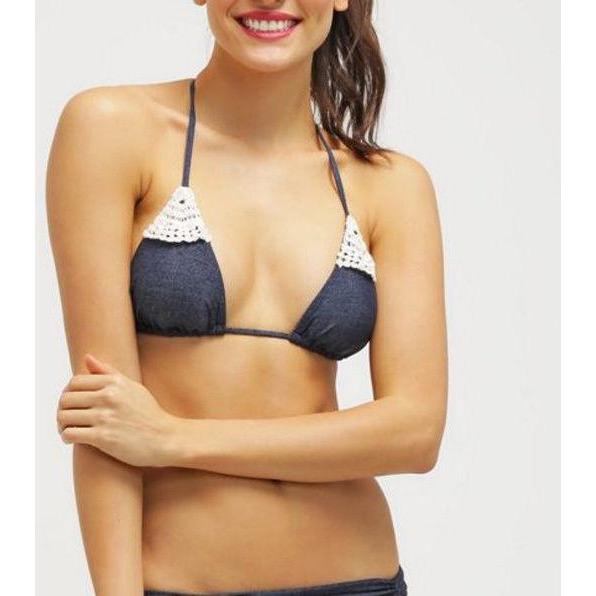 L SPACE M swimsuit bikini 2PC denim crochet lace Lucy Monique top & bottom-Swimwear-L SPACE-Medium-Blue-Jenifers Designer Closet