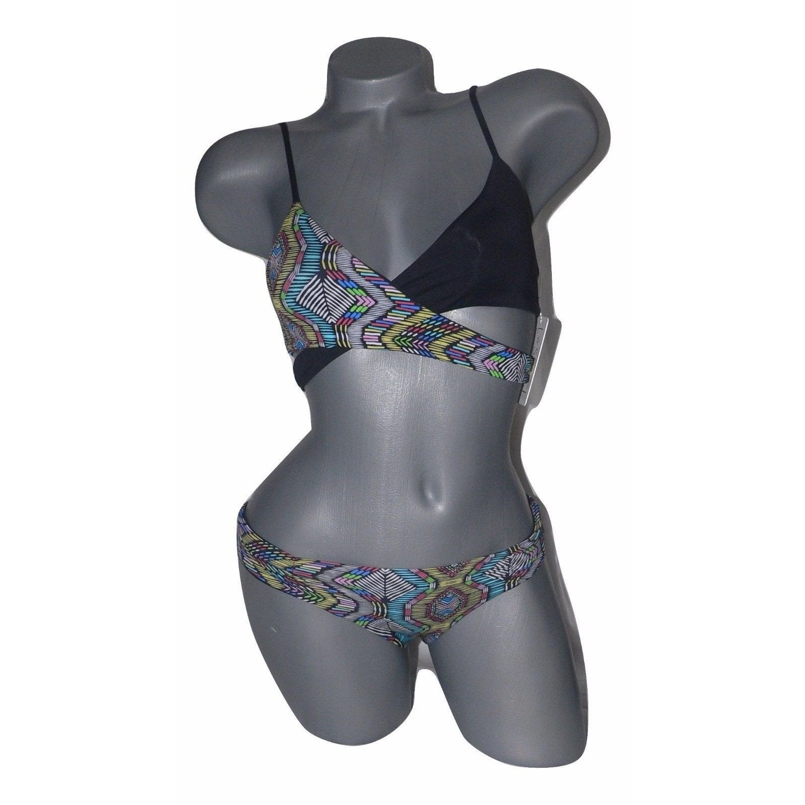 L SPACE by Monica Wise XS swimsuit bikini 2PC full coverage multi color-Swimwear-L SPACE-XS-Black/Multi-Jenifers Designer Closet