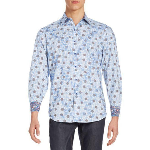 ROBERT GRAHAM shirt blue paisley contrast cuffs men's $248 classic fit-Casual Shirts-Robert Graham-Jenifers Designer Closet