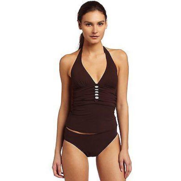 GOTTEX tankini halterkini swimsuit 6 brown faux wood beads 1 piece-Swimwear-Gottex-6-Brown-Jenifers Designer Closet
