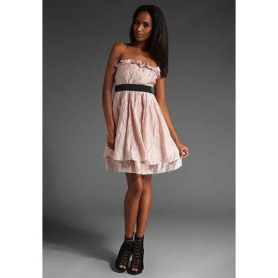 LaROK strapless ruffled mini dress designer $278 M pink metallic sheen-Dresses-LaROK-Medium-Pink-Jenifers Designer Closet