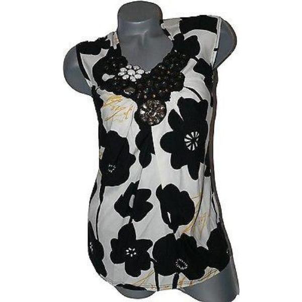 PRAIRIE York S silk top tunic jewelled tank embellished-Tops & Blouses-Prairie New York-Small-black/cream-Jenifers Designer Closet