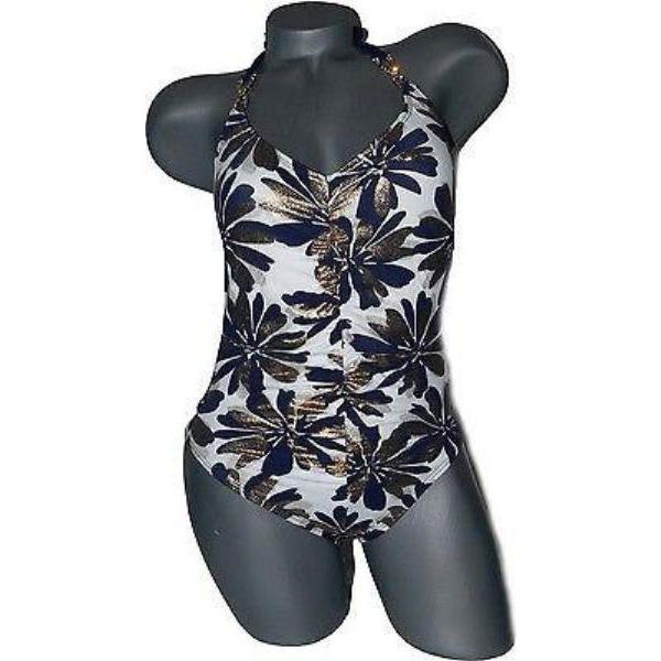 BADGLEY MISCHKA 4 S ruched slimming swimsuit crystals $290 metallic-Swimwear-BADGLEY MISCHKA-4-Blue/white/gold-Jenifers Designer Closet