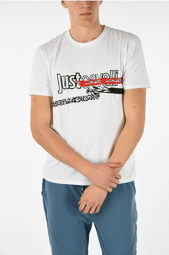 JUST CAVALLI tee t-shirt LG white red black leopard cheetah Roberto men's - Jenifers Designer Closet