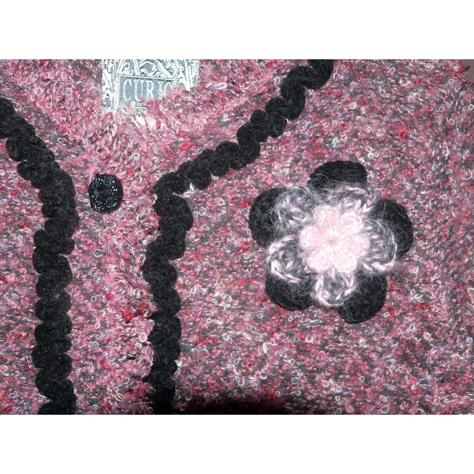 CURIO L Anthropologie Boucle sweater jacket Rosette brooch pin cardigan-Clothing, Shoes & Accessories:Women's Clothing:Sweaters-CURIO-Large-Mauve/Black-Jenifers Designer Closet