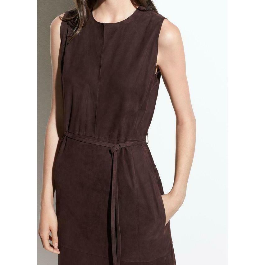 Vince 4 Brown lambskin buttersoft Suede Leather Midi Dress v-neck knee
