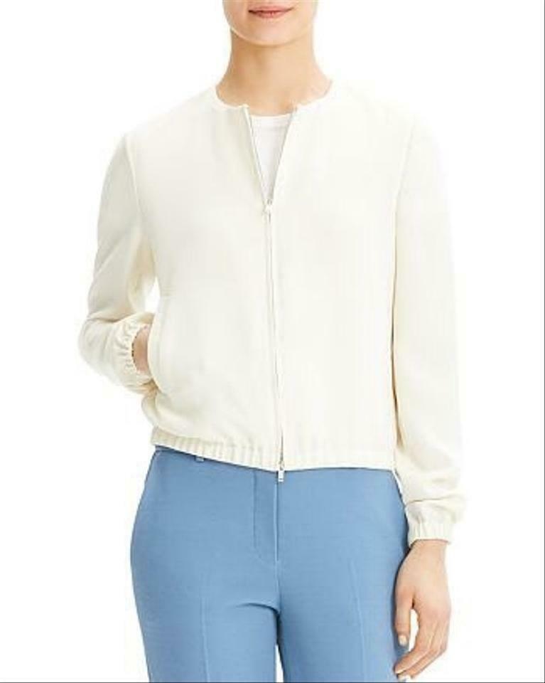 THEORY ladies 12 Rice Ivory Classic Zip Crepe Clean Bomber Jacket - Jenifers Designer Closet