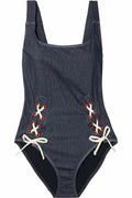 SOLID & STRIPED Raquel denim look one piece swimsuit lace-up sailor nautical
