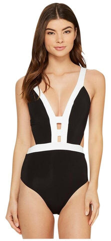 JETS by Jessika Allen 6/10 $205 swimsuit black white plunging one-piece sexy