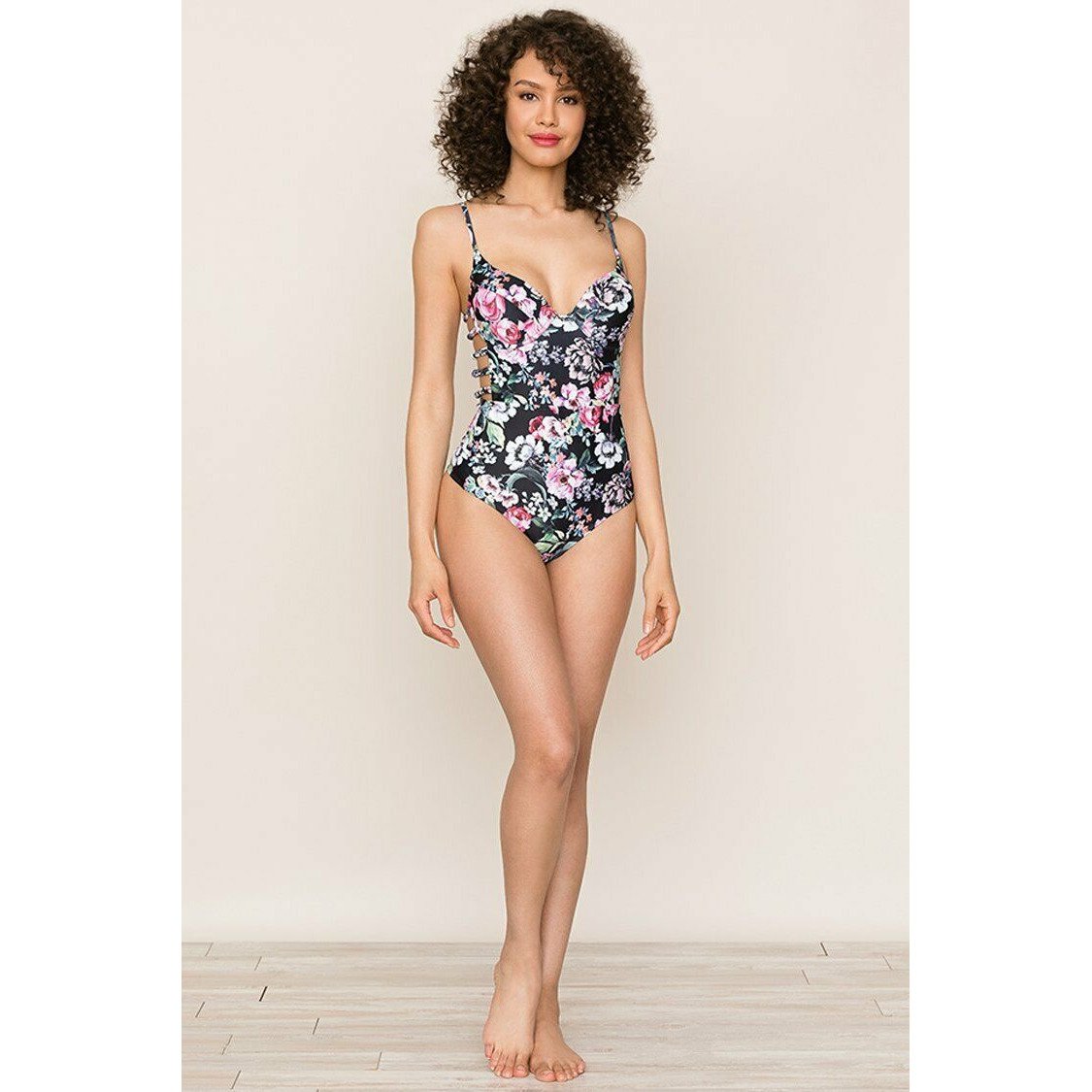 YUMI KIM L XL siren floral swimsuit formed molded cups strappy sides black-Clothing, Shoes & Accessories:Women's Clothing:Swimwear-Yumi Kim-L/XL-Black floral-Jenifers Designer Closet