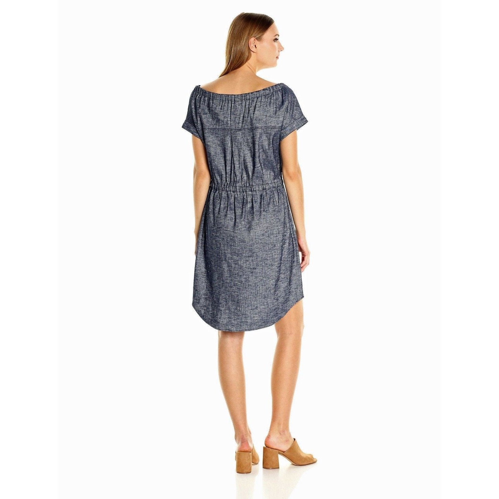 Theory Womens Laela Linen Off-The-Shoulder Casual Dress Blue 4