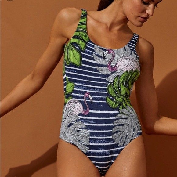 ONIA Kelly L pink flamingos stripe swimsuit one piece $195 tank maillot navy-Clothing, Shoes & Accessories:Women's Clothing:Swimwear-Onia-Large-Navy-Jenifers Designer Closet