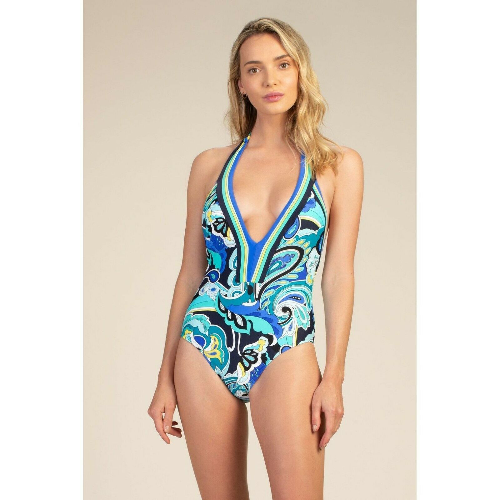 TRINA TURK 6 swimsuit deep plunging maillot blue aqua backless one piece - Jenifers Designer Closet